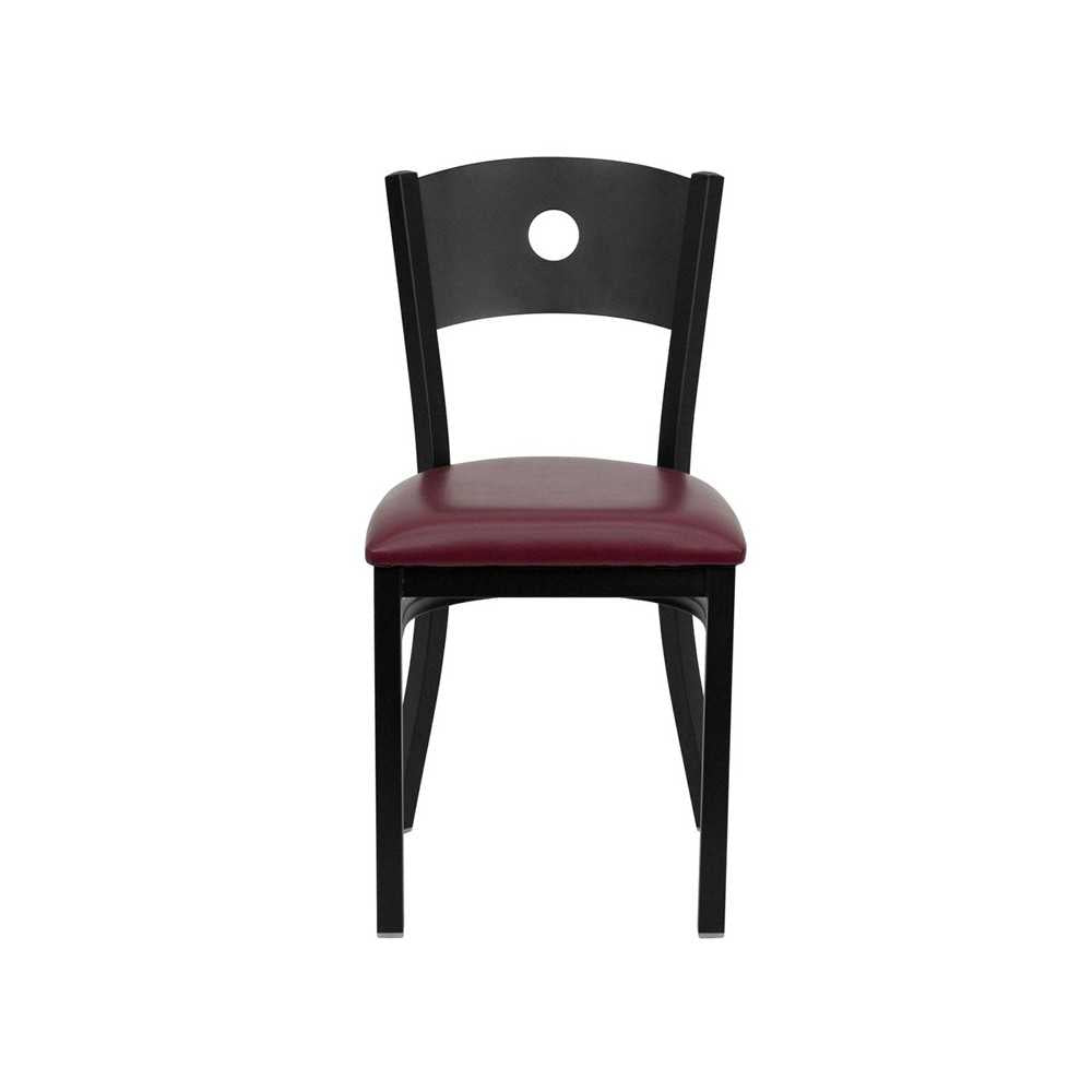 Black Circle Back Metal Restaurant Chair - Burgundy Vinyl Seat