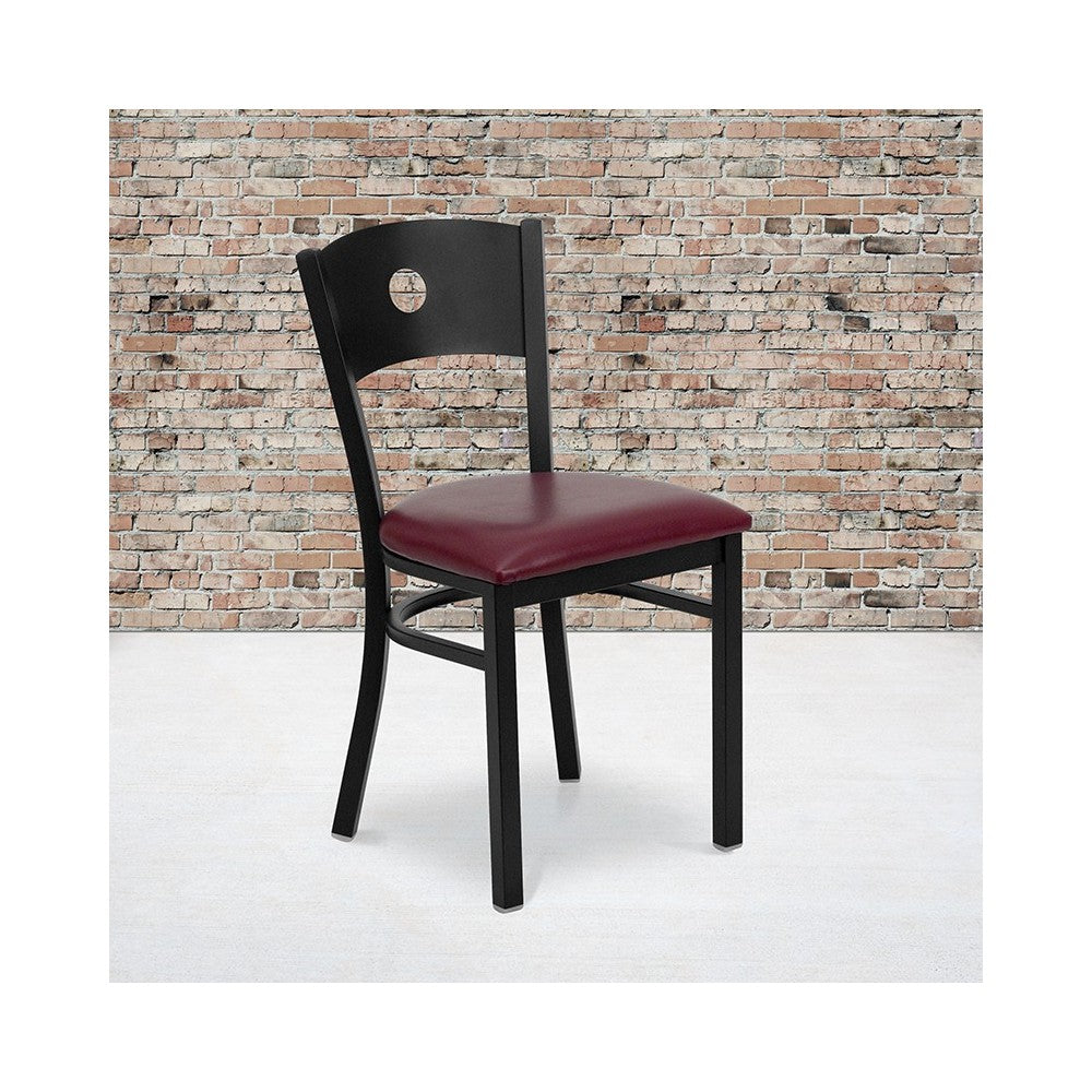 Black Circle Back Metal Restaurant Chair - Burgundy Vinyl Seat