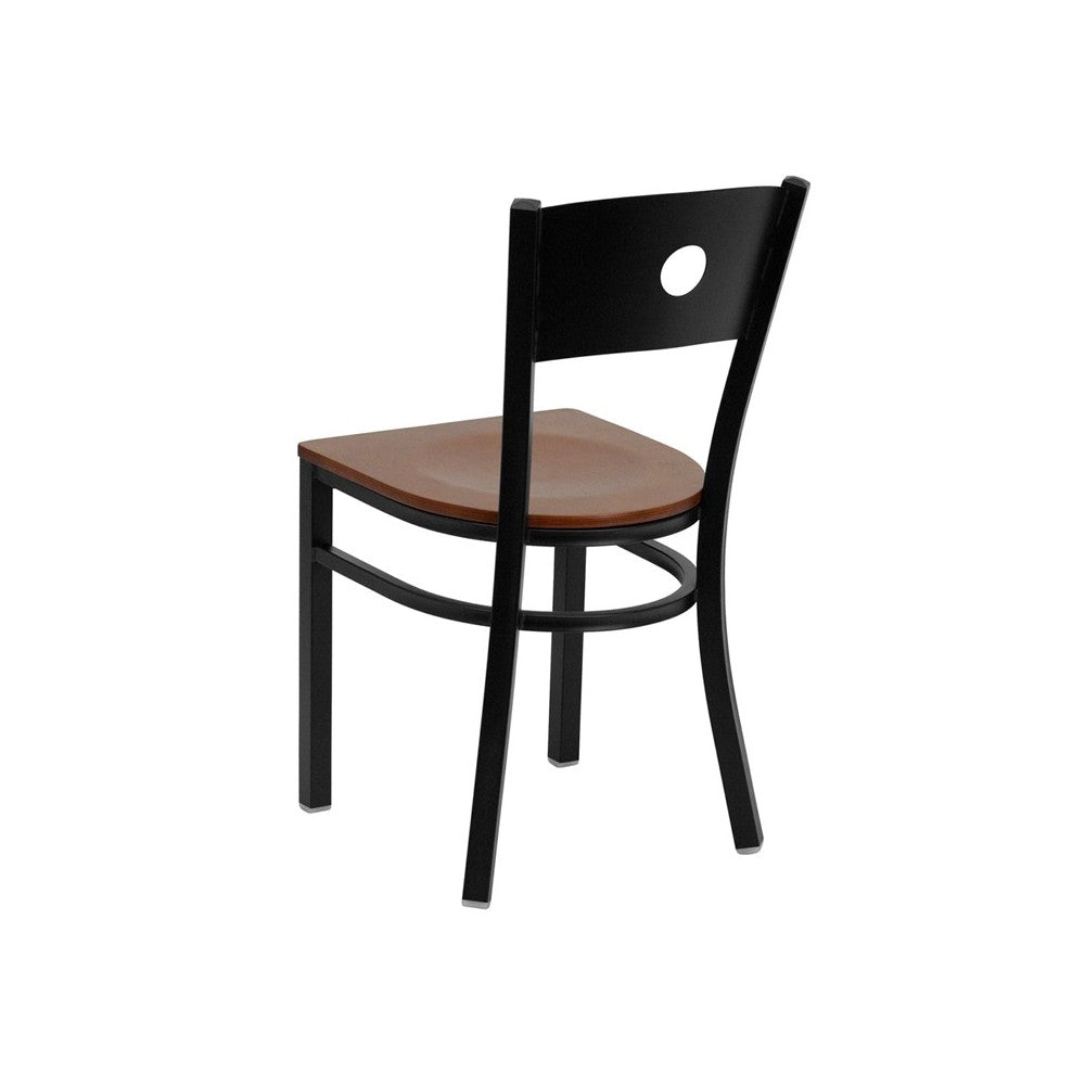 Black Circle Back Metal Restaurant Chair - Cherry Wood Seat