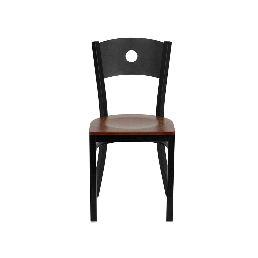 Black Circle Back Metal Restaurant Chair - Cherry Wood Seat