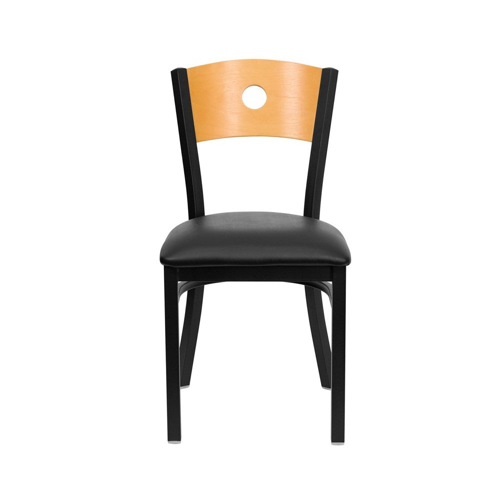 Black Circle Back Metal Restaurant Chair - Natural Wood Back, Black Vinyl Seat