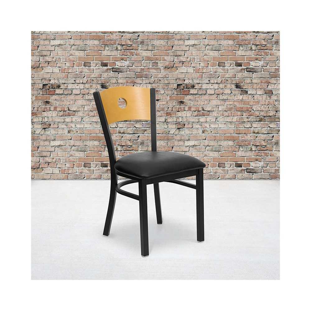 Black Circle Back Metal Restaurant Chair - Natural Wood Back, Black Vinyl Seat