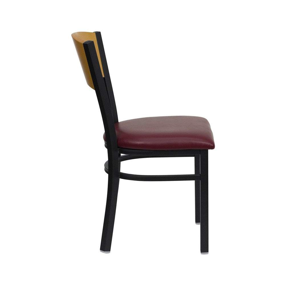 Black Circle Back Metal Restaurant Chair - Natural Wood Back, Burgundy Vinyl Seat