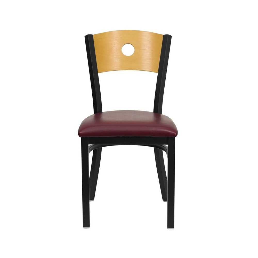 Black Circle Back Metal Restaurant Chair - Natural Wood Back, Burgundy Vinyl Seat
