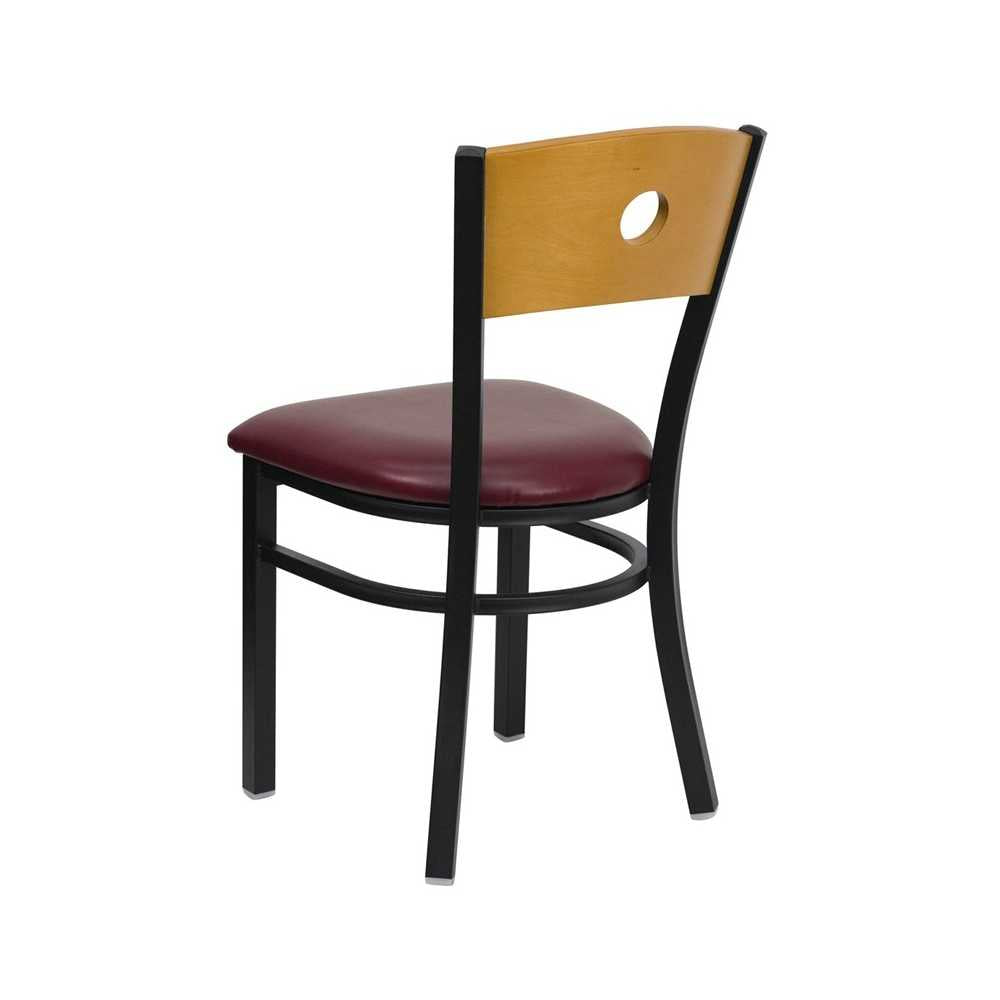 Black Circle Back Metal Restaurant Chair - Natural Wood Back, Burgundy Vinyl Seat