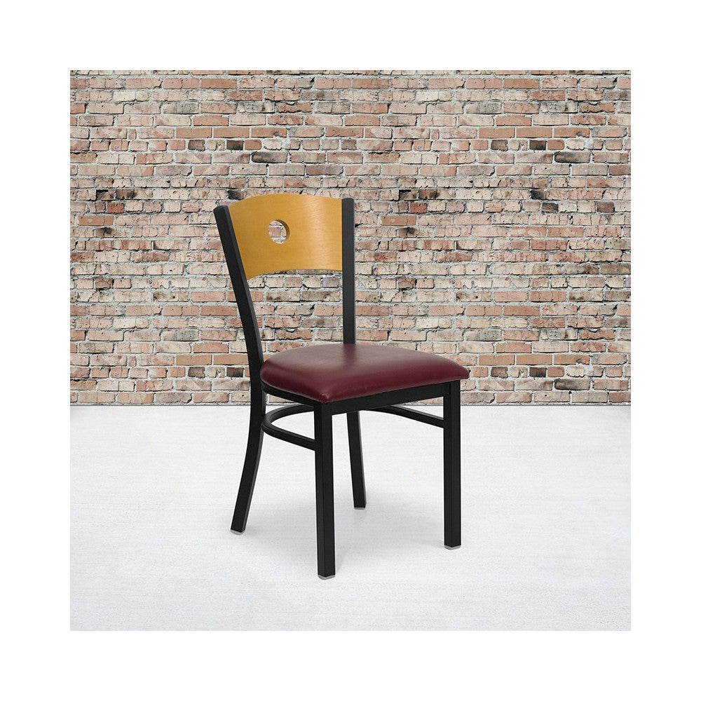 Black Circle Back Metal Restaurant Chair - Natural Wood Back, Burgundy Vinyl Seat