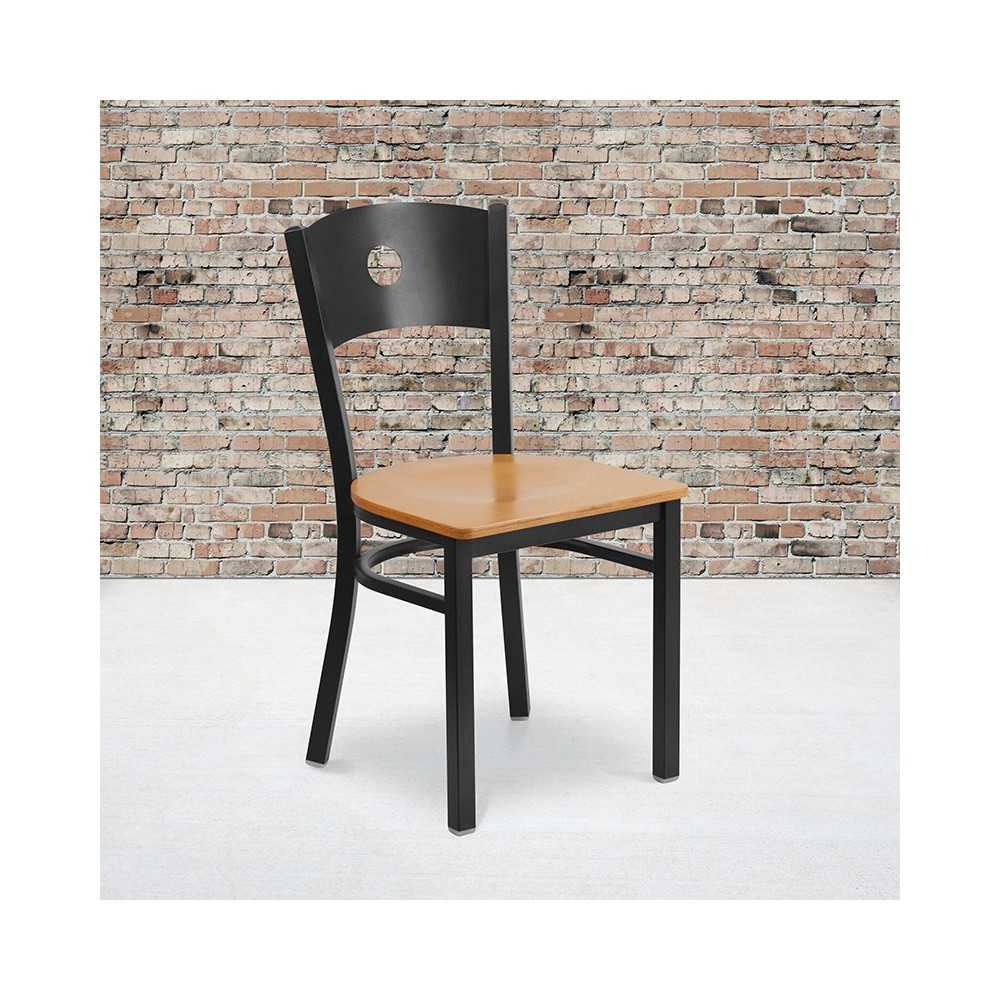Black Circle Back Metal Restaurant Chair - Natural Wood Seat