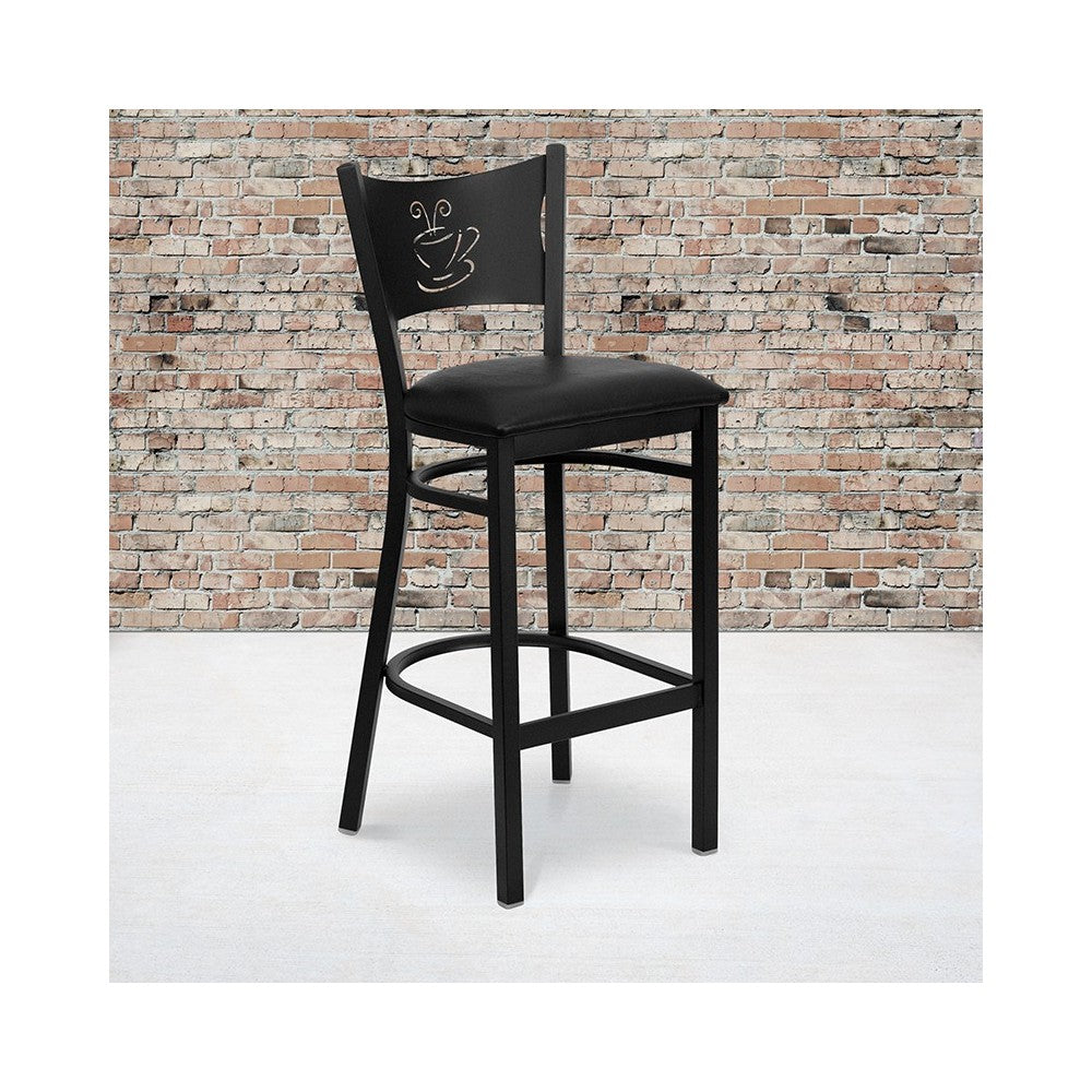 Black Coffee Back Metal Restaurant Barstool - Black Vinyl Seat