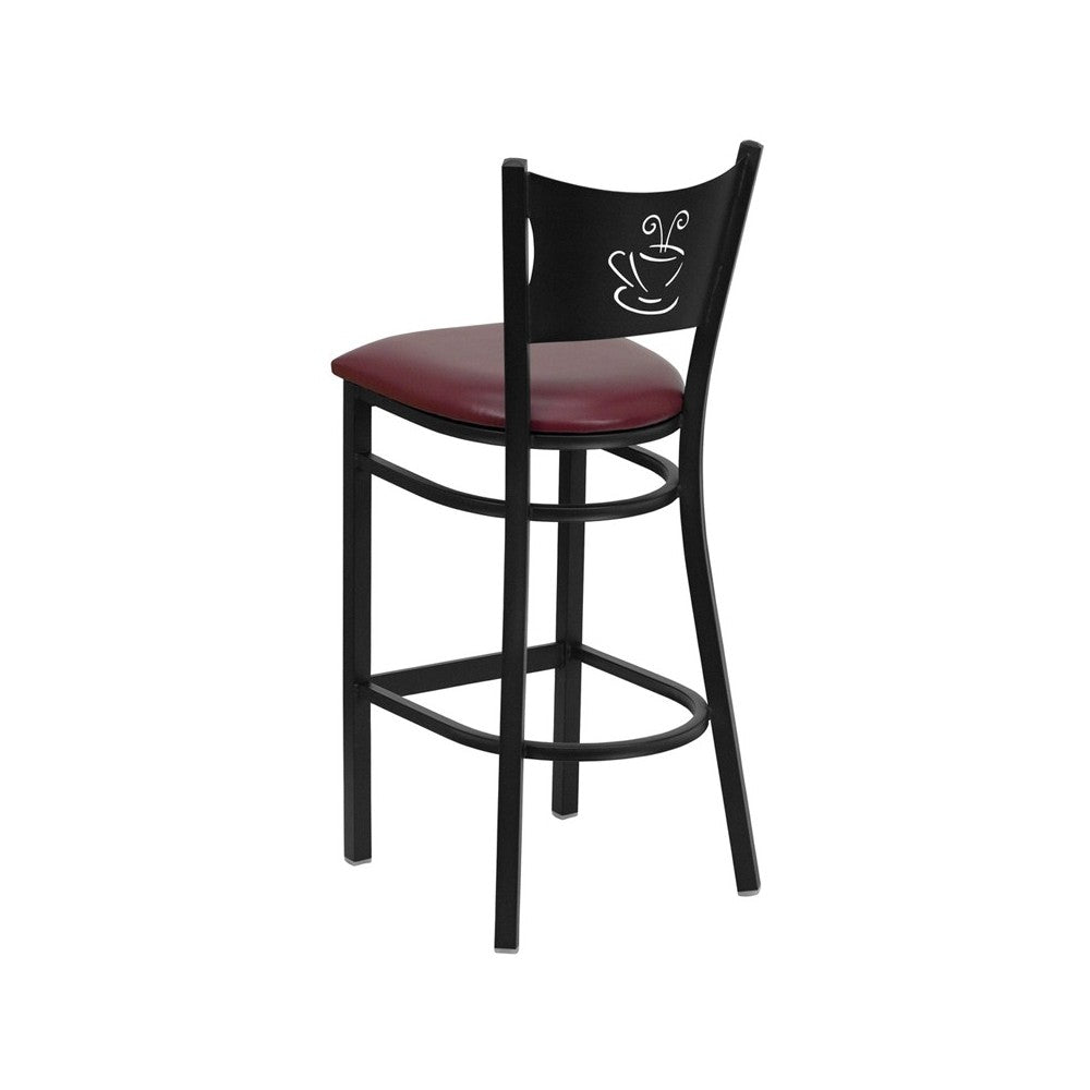 Black Coffee Back Metal Restaurant Barstool - Burgundy Vinyl Seat