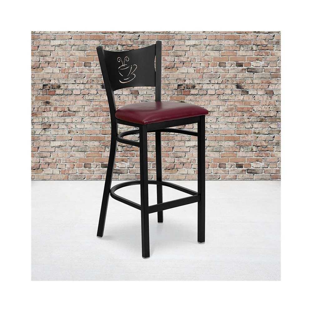 Black Coffee Back Metal Restaurant Barstool - Burgundy Vinyl Seat