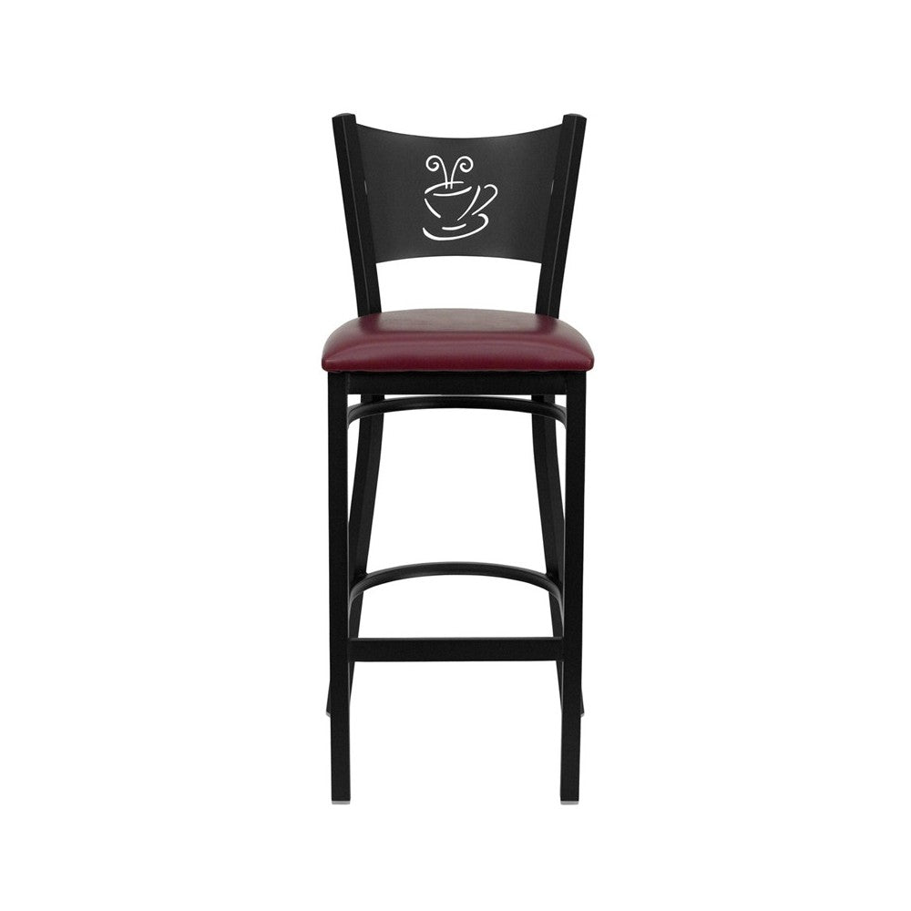 Black Coffee Back Metal Restaurant Barstool - Burgundy Vinyl Seat