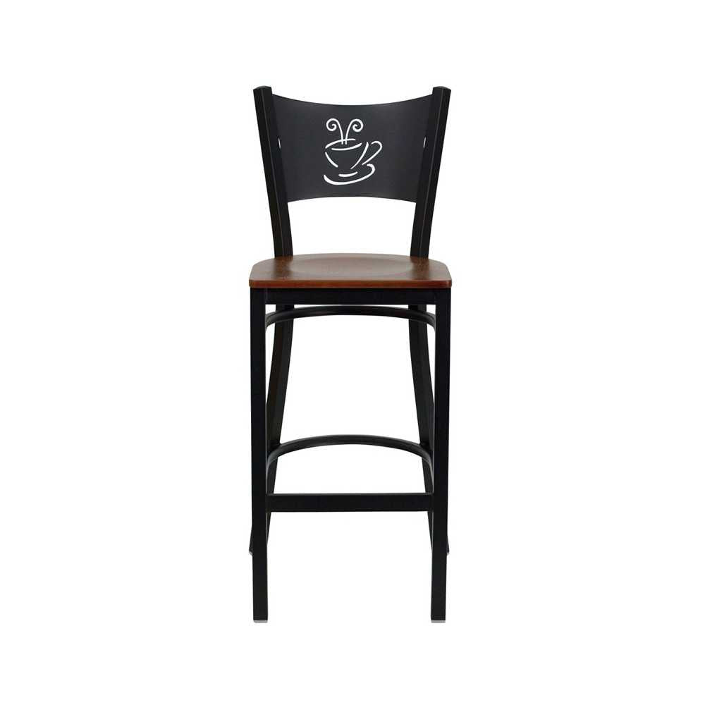 Black Coffee Back Metal Restaurant Barstool - Cherry Wood Seat