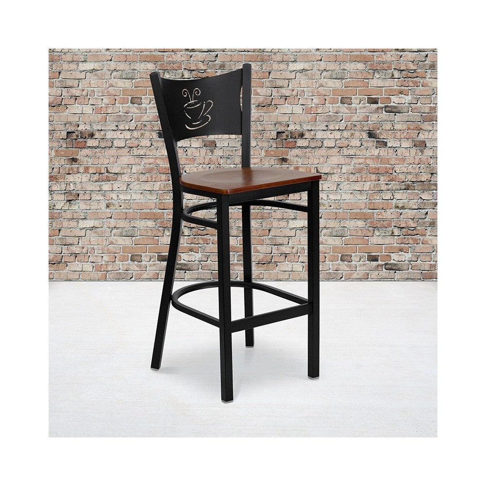 Black Coffee Back Metal Restaurant Barstool - Cherry Wood Seat