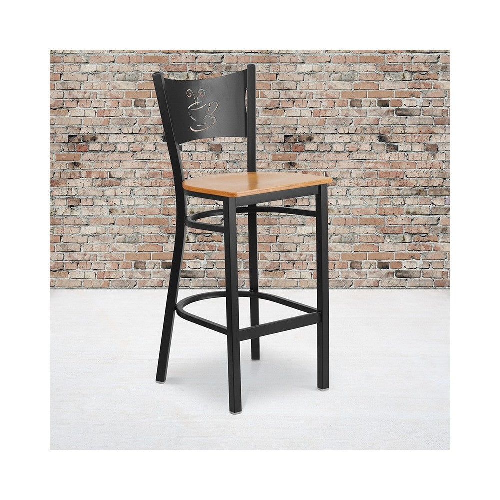 Black Coffee Back Metal Restaurant Barstool - Natural Wood Seat
