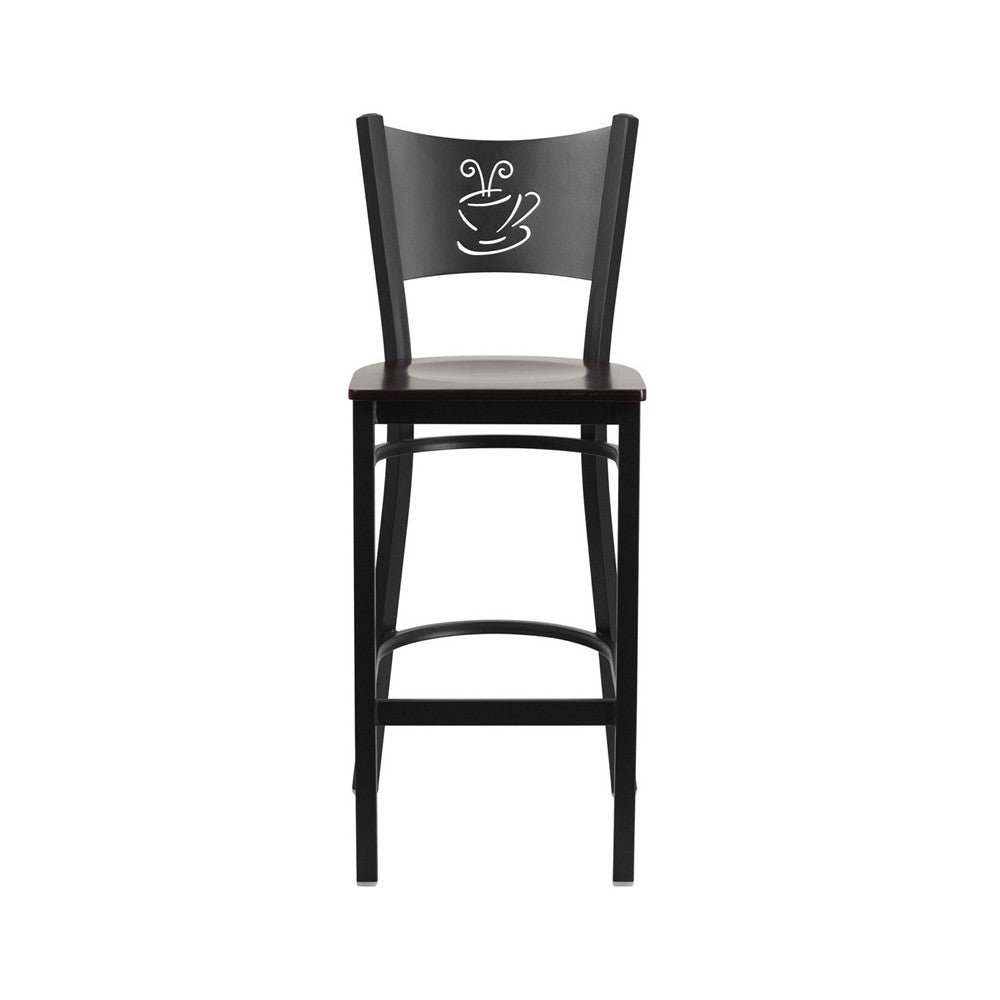 Black Coffee Back Metal Restaurant Barstool - Walnut Wood Seat