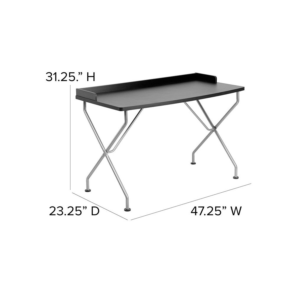 Black Computer Desk with Raised Border and Silver Metal Frame
