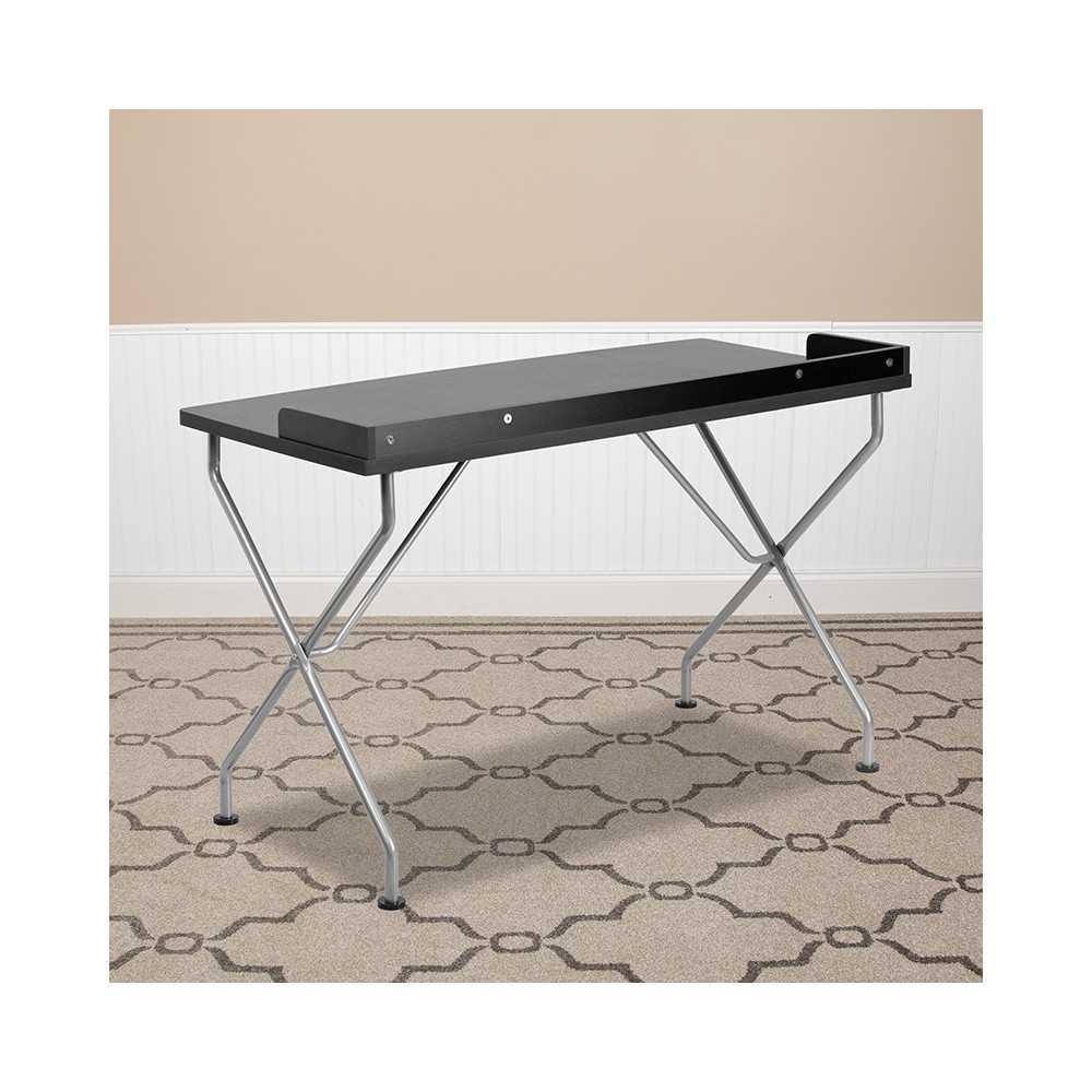 Black Computer Desk with Raised Border and Silver Metal Frame