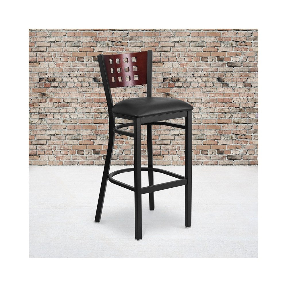 Black Cutout Back Metal Restaurant Barstool - Mahogany Wood Back, Black Vinyl Seat