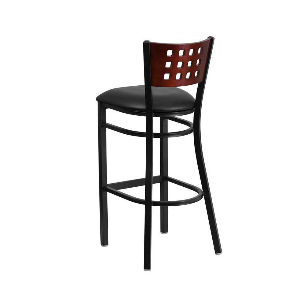 Black Cutout Back Metal Restaurant Barstool - Mahogany Wood Back, Black Vinyl Seat