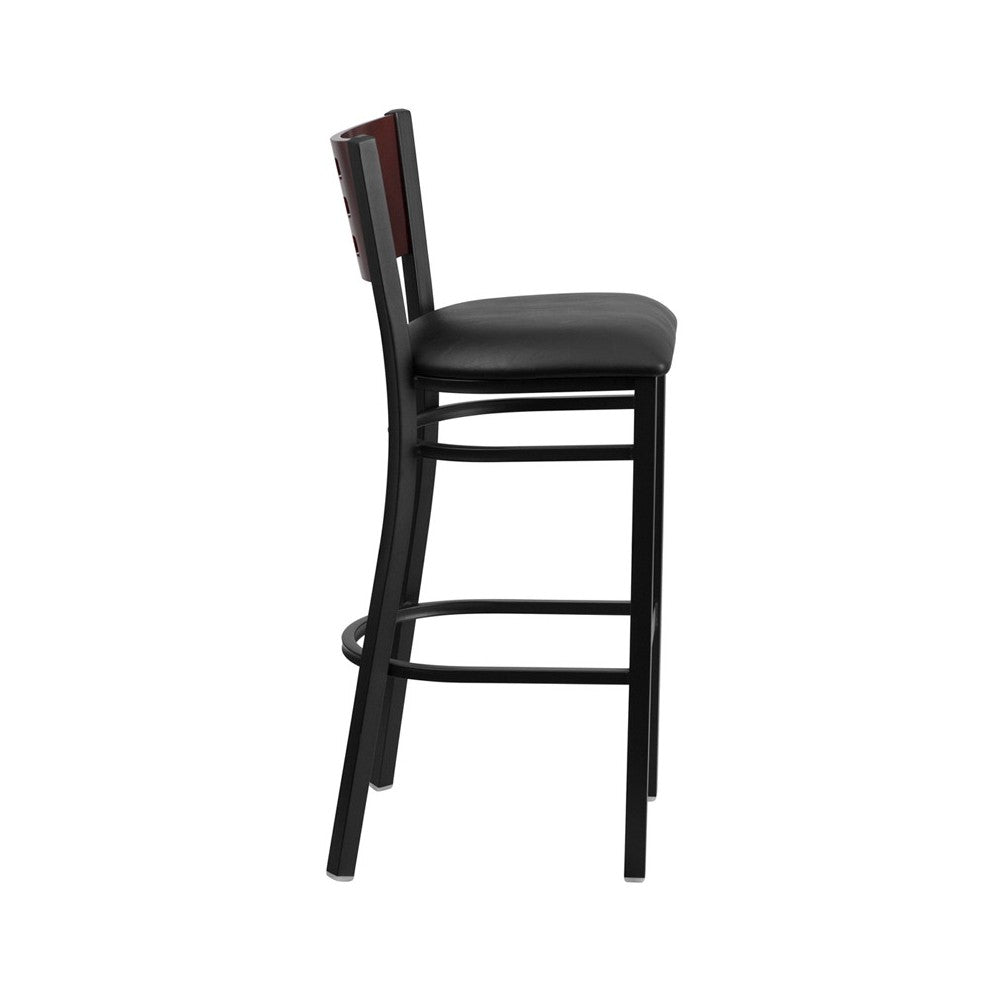 Black Cutout Back Metal Restaurant Barstool - Mahogany Wood Back, Black Vinyl Seat