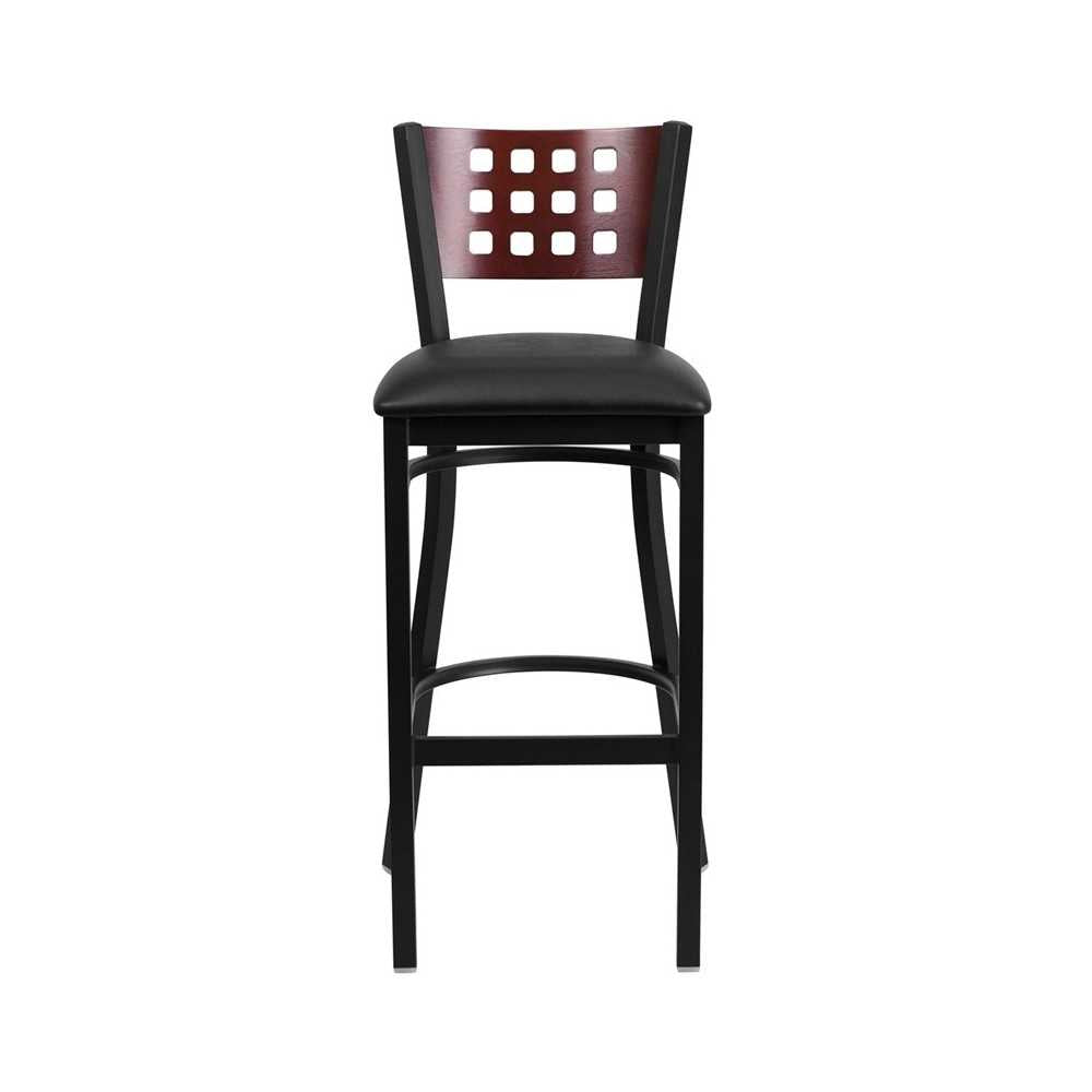 Black Cutout Back Metal Restaurant Barstool - Mahogany Wood Back, Black Vinyl Seat