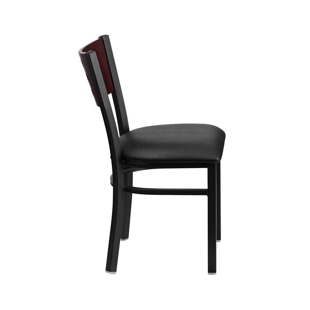 Black Cutout Back Metal Restaurant Chair - Mahogany Wood Back, Black Vinyl Seat