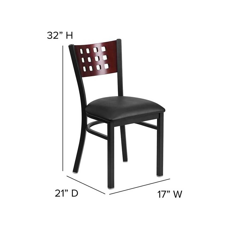Black Cutout Back Metal Restaurant Chair - Mahogany Wood Back, Black Vinyl Seat
