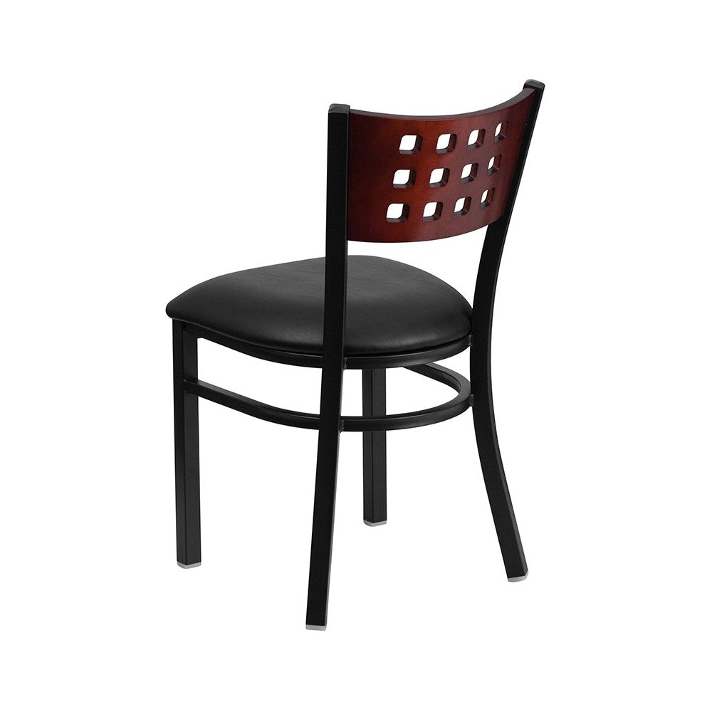 Black Cutout Back Metal Restaurant Chair - Mahogany Wood Back, Black Vinyl Seat