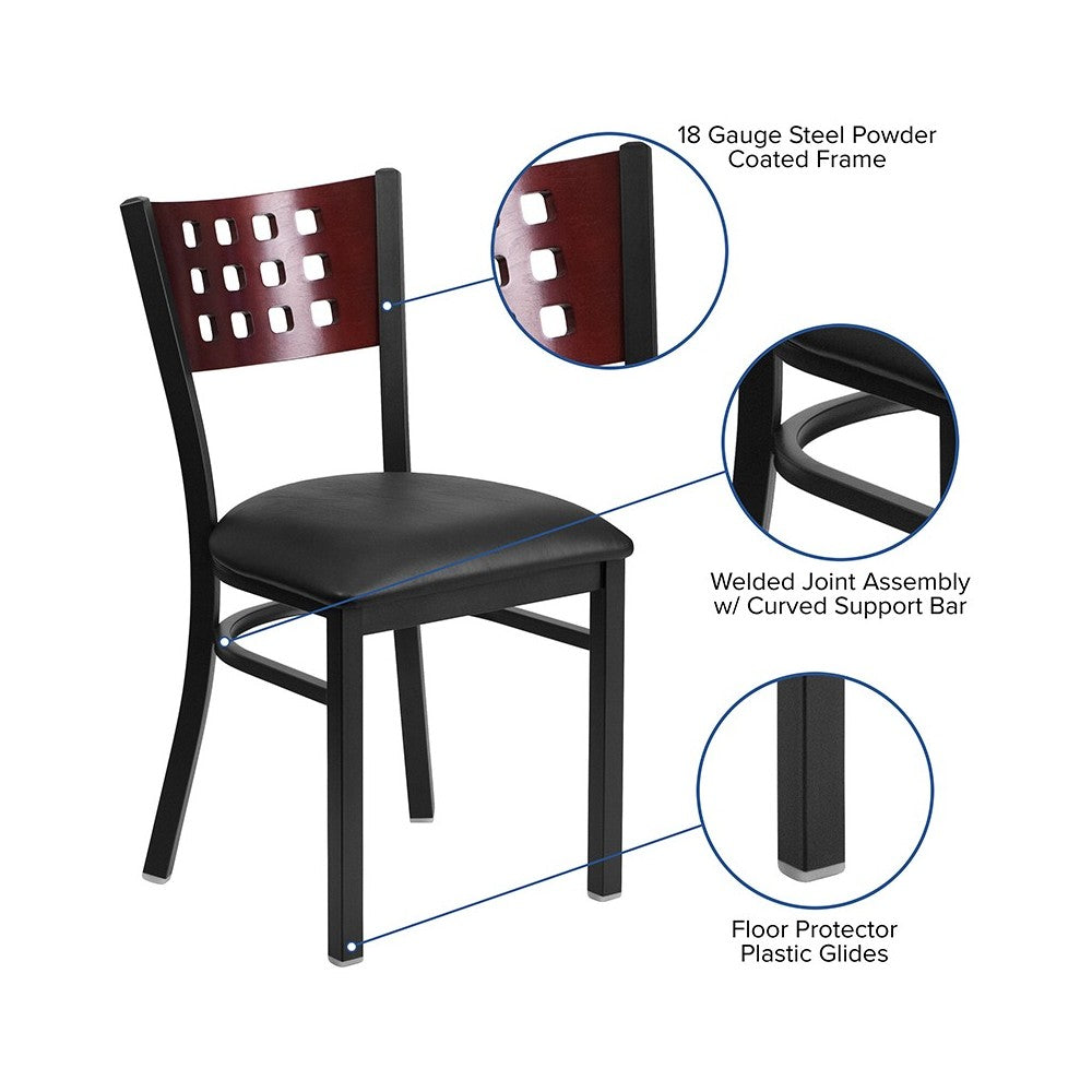 Black Cutout Back Metal Restaurant Chair - Mahogany Wood Back, Black Vinyl Seat