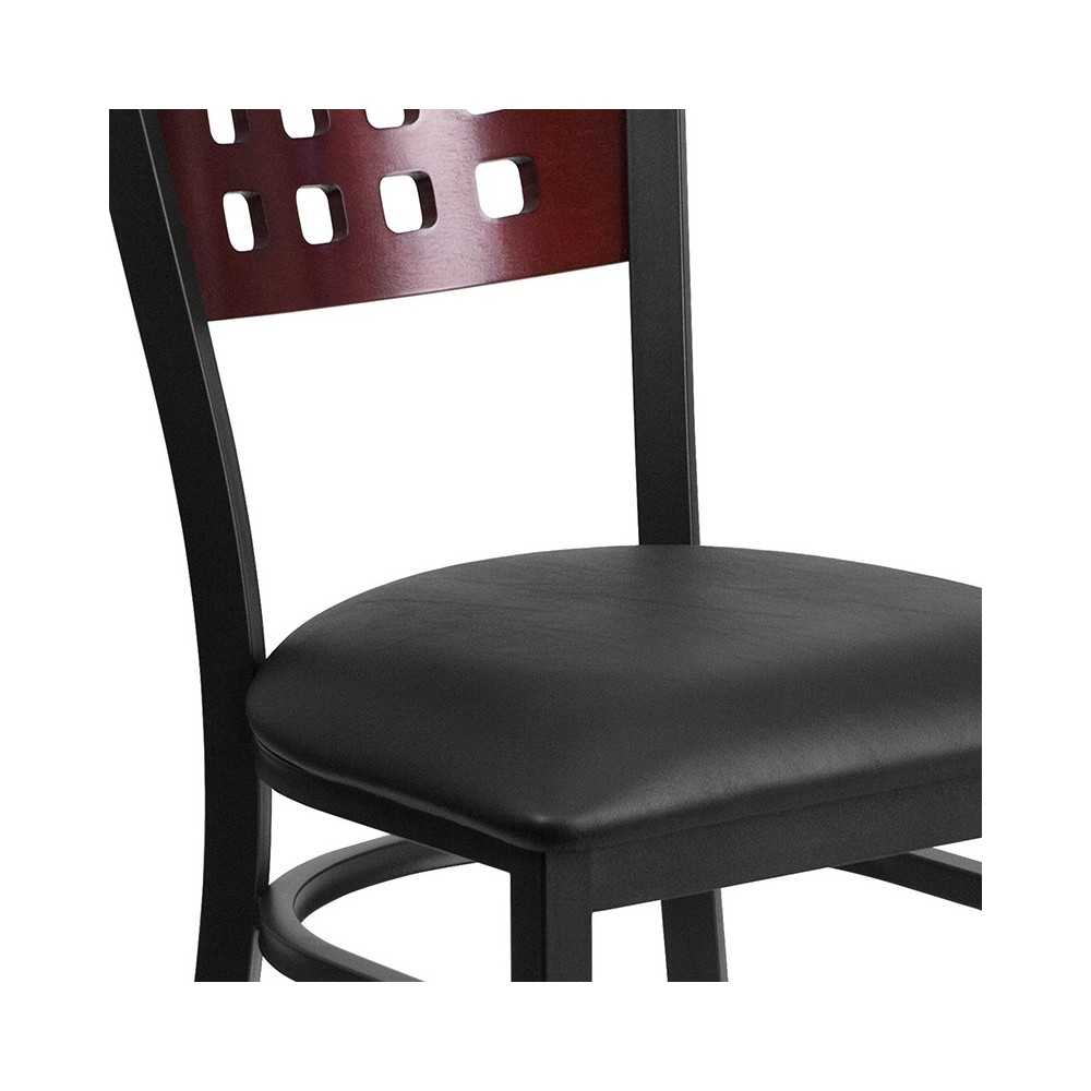 Black Cutout Back Metal Restaurant Chair - Mahogany Wood Back, Black Vinyl Seat