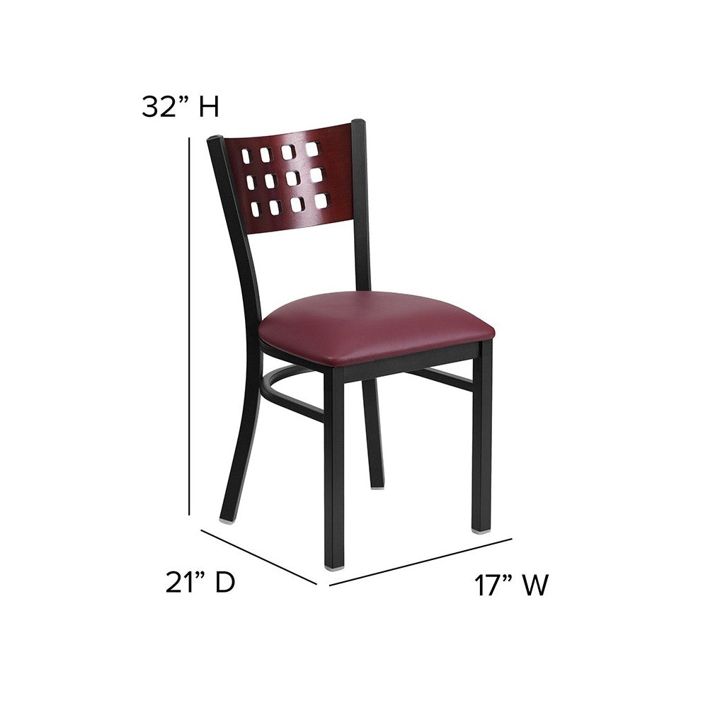 Black Cutout Back Metal Restaurant Chair - Mahogany Wood Back, Burgundy Vinyl Seat