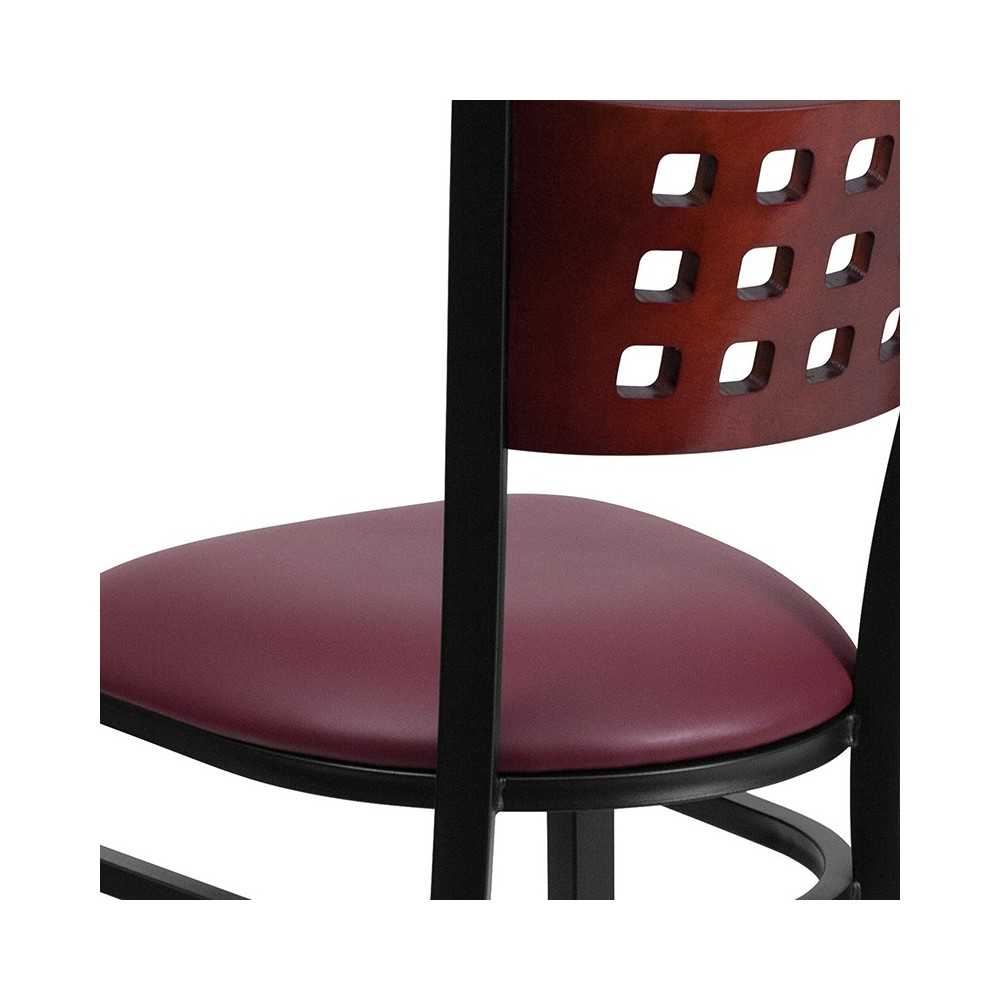 Black Cutout Back Metal Restaurant Chair - Mahogany Wood Back, Burgundy Vinyl Seat