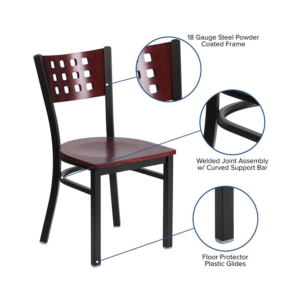 Black Cutout Back Metal Restaurant Chair - Mahogany Wood Back & Seat