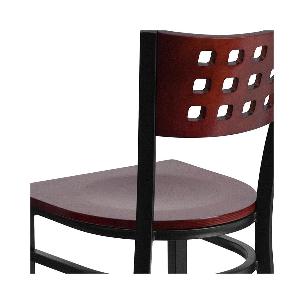 Black Cutout Back Metal Restaurant Chair - Mahogany Wood Back & Seat