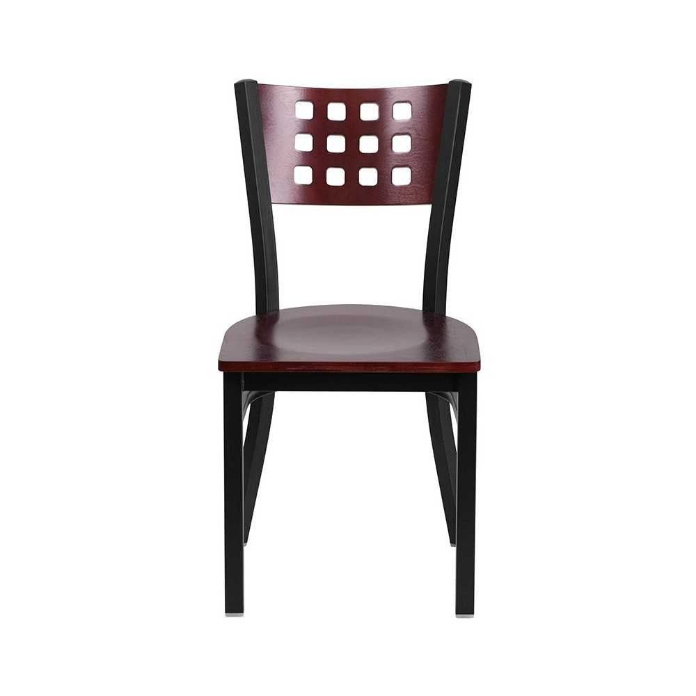 Black Cutout Back Metal Restaurant Chair - Mahogany Wood Back & Seat