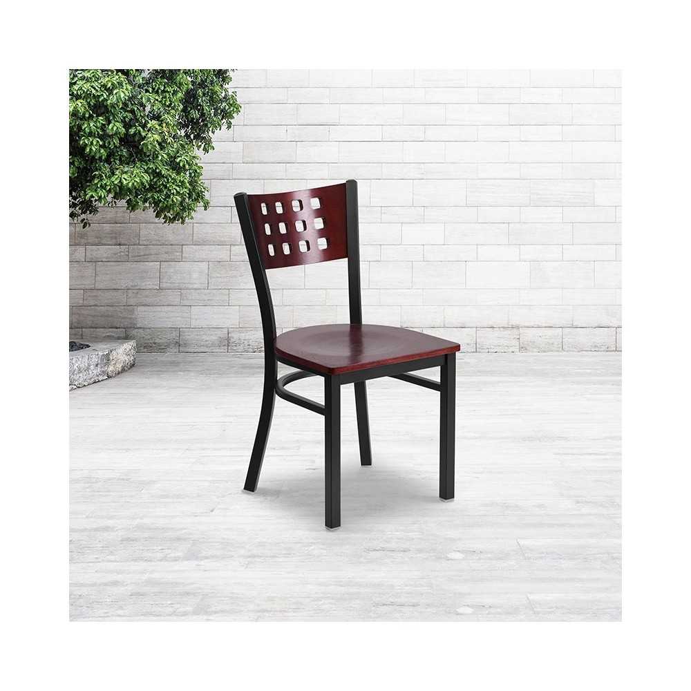 Black Cutout Back Metal Restaurant Chair - Mahogany Wood Back & Seat