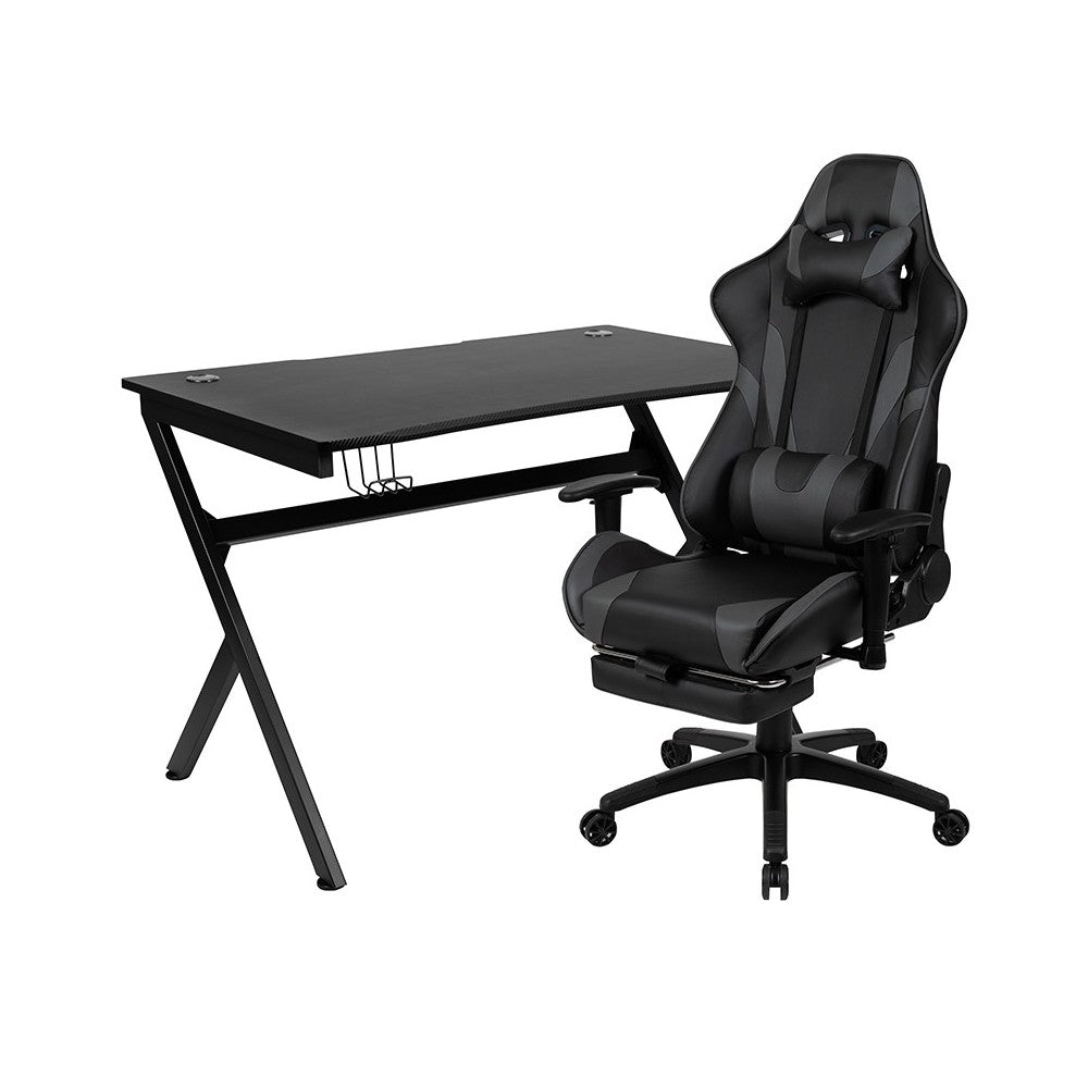 Black Gaming Desk and Gray Footrest Reclining Gaming Chair Set with Cup Holder, Headphone Hook & 2 Wire Management Holes