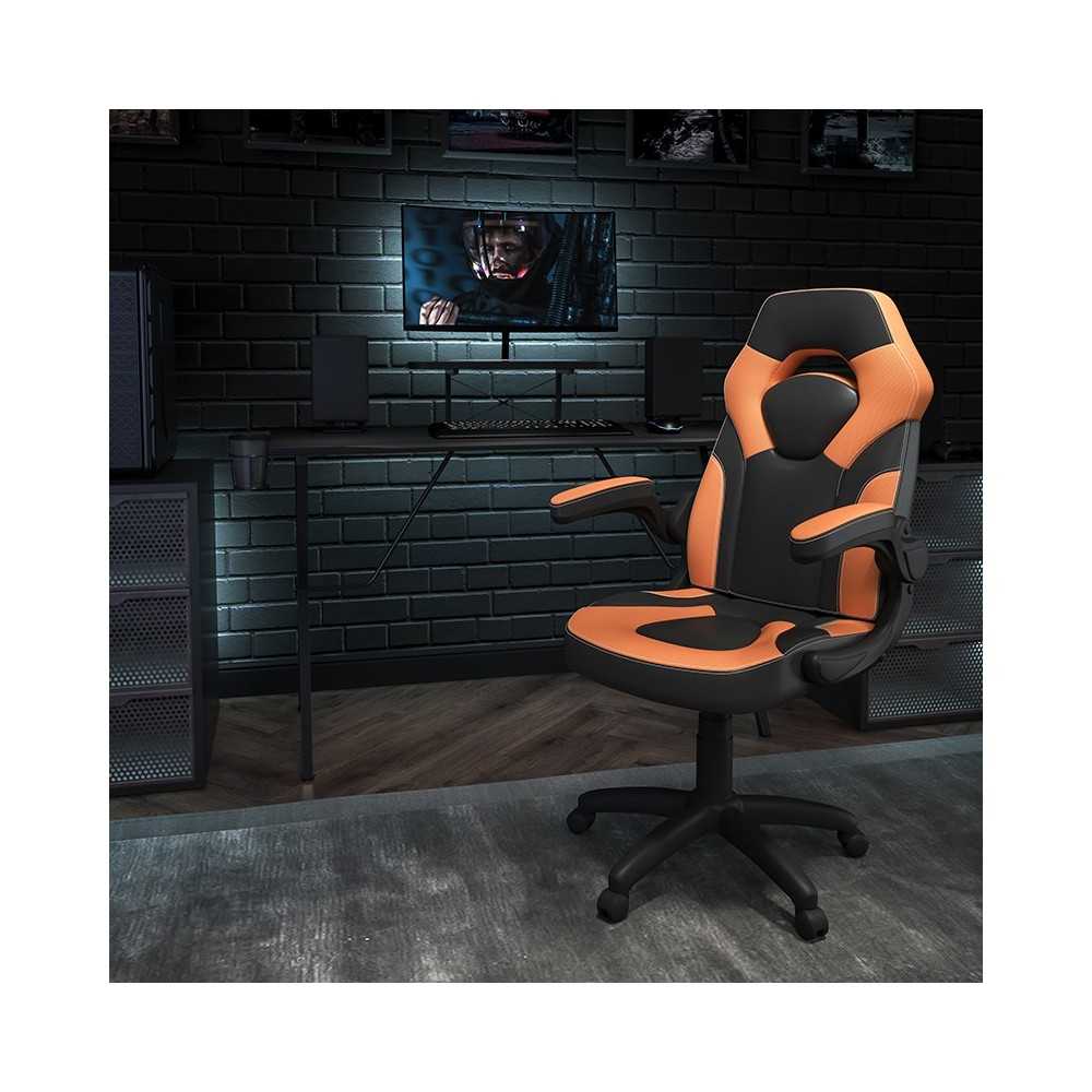 Black Gaming Desk and Orange/Black Racing Chair Set with Cup Holder, Headphone Hook, and Monitor/Smartphone Stand
