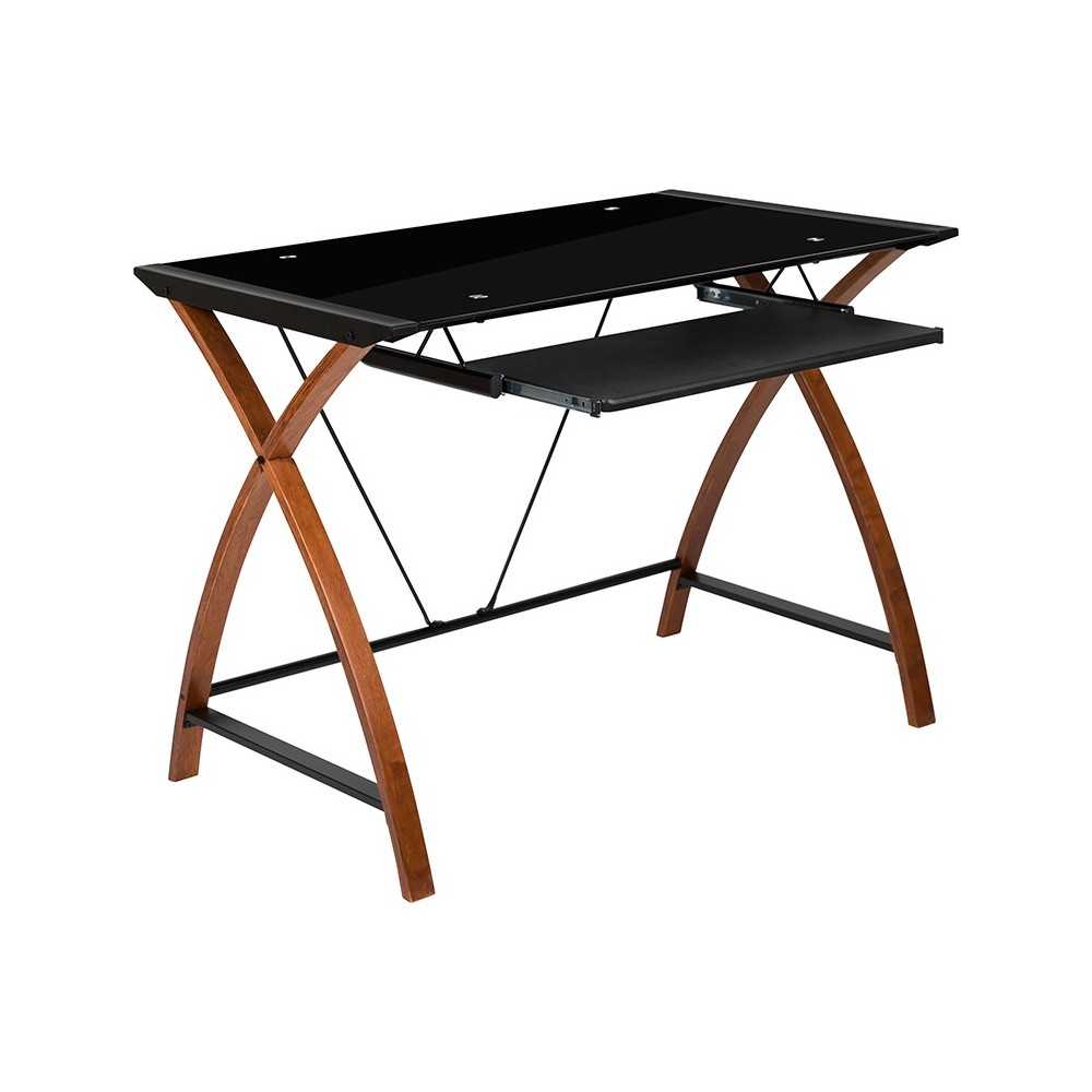 Black Glass Computer Desk with Pull-Out Keyboard Tray and Crisscross Frame