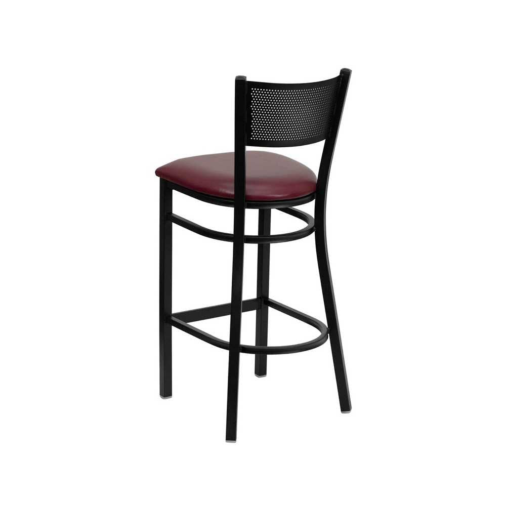Black Grid Back Metal Restaurant Barstool - Burgundy Vinyl Seat