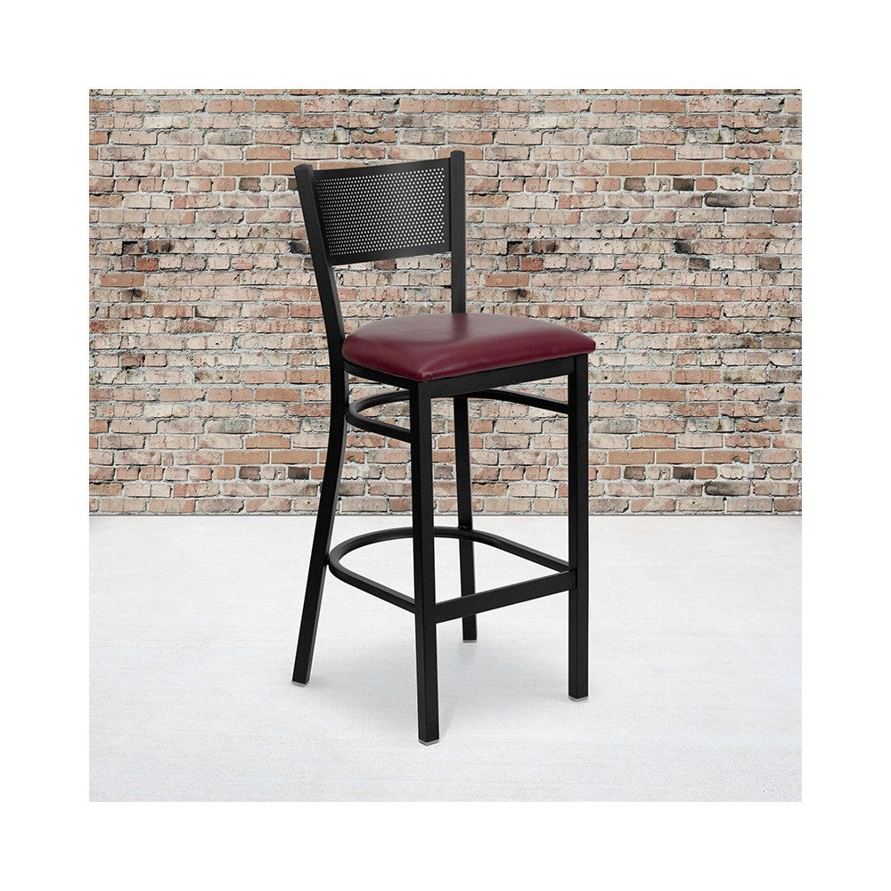 Black Grid Back Metal Restaurant Barstool - Burgundy Vinyl Seat