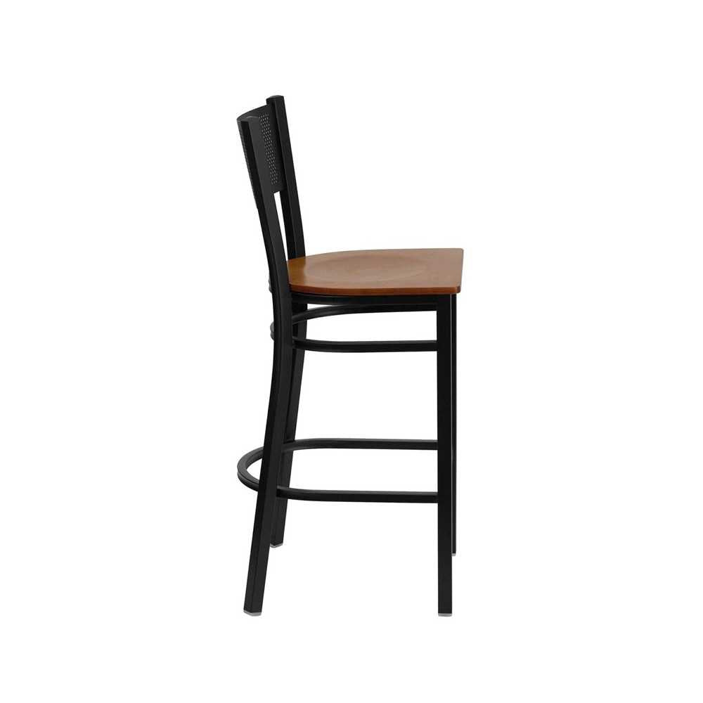 Black Grid Back Metal Restaurant Barstool - Cherry Wood Seat
