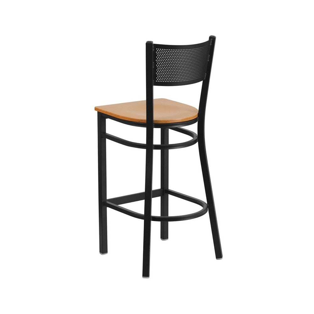 Black Grid Back Metal Restaurant Barstool - Natural Wood Seat