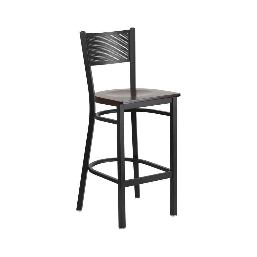 Black Grid Back Metal Restaurant Barstool - Walnut Wood Seat