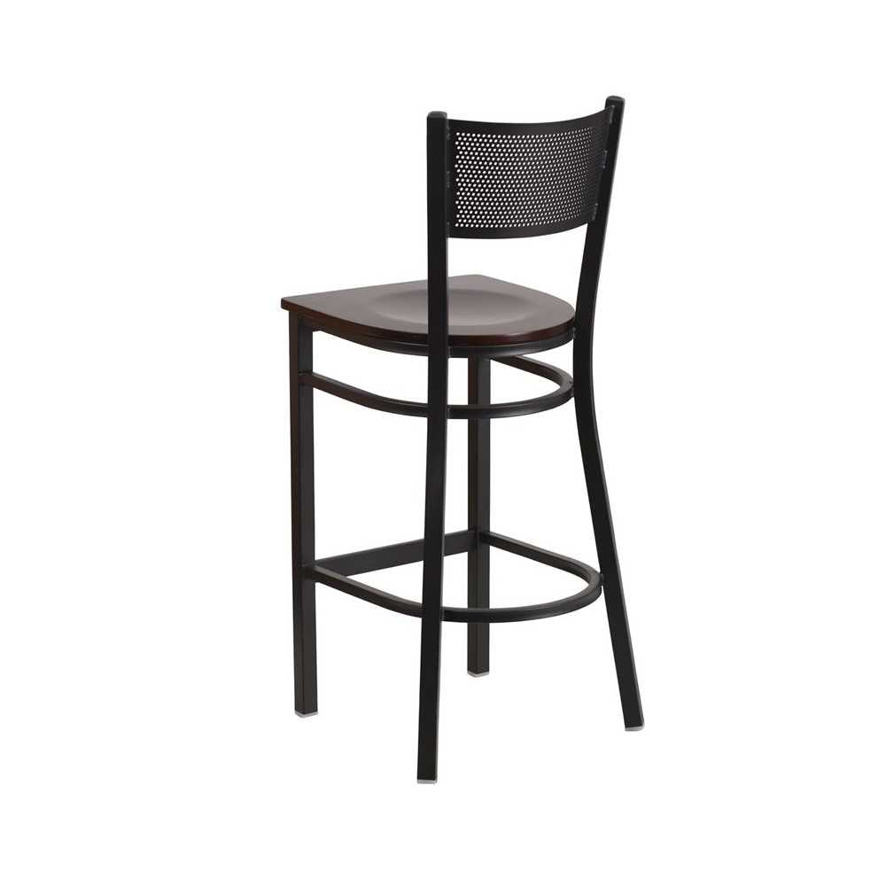 Black Grid Back Metal Restaurant Barstool - Walnut Wood Seat