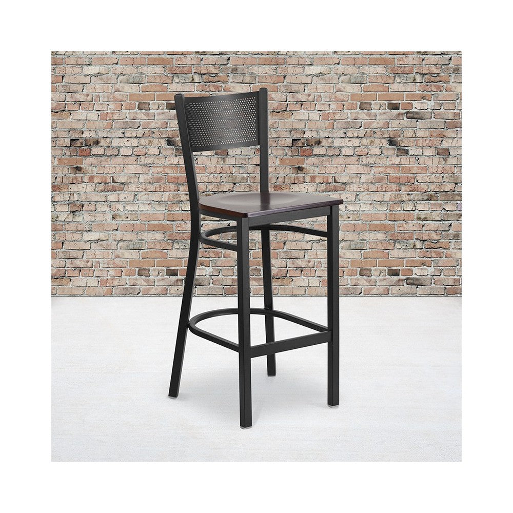 Black Grid Back Metal Restaurant Barstool - Walnut Wood Seat
