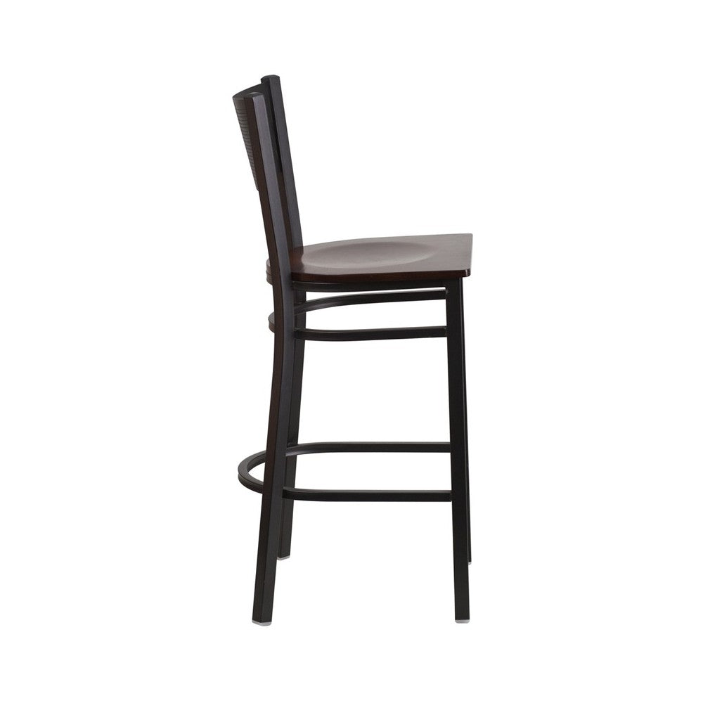 Black Grid Back Metal Restaurant Barstool - Walnut Wood Seat