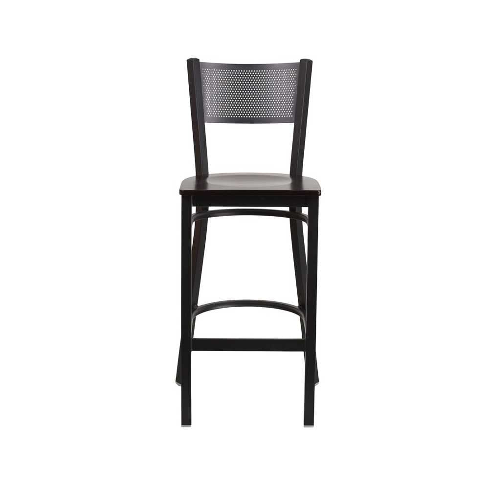 Black Grid Back Metal Restaurant Barstool - Walnut Wood Seat