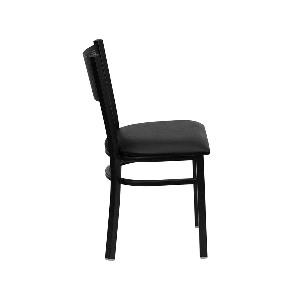 Black Grid Back Metal Restaurant Chair - Black Vinyl Seat