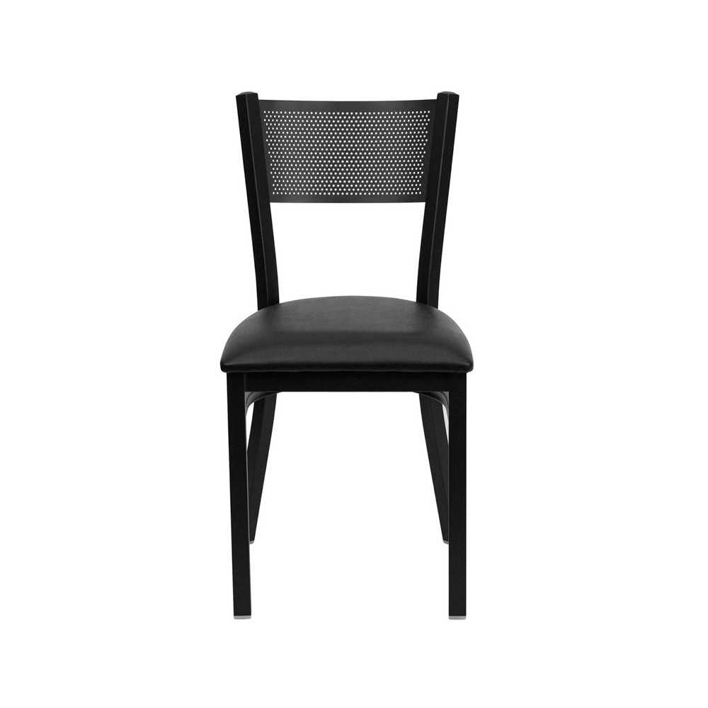 Black Grid Back Metal Restaurant Chair - Black Vinyl Seat